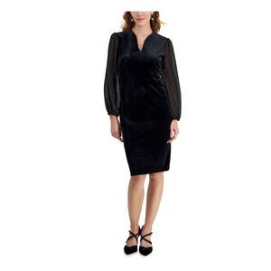 CONNECTED APPAREL Womens Black Long Chiffon Sleeves Split Dress Petites 4P